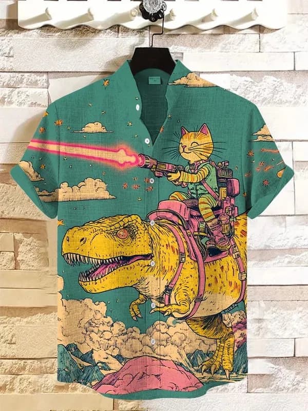 Herren-Hemd mit Katzen-Grafik, kurzärmelig, Button-Down-Revers-Hemd für den Sommer, übergroße Oberteile, Urlaub, lässige Hawaii-Hemden