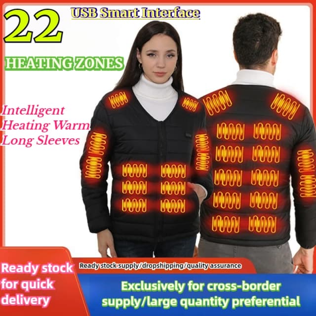 24-Zonen-Heizweste für Herren und Damen, V-Ausschnitt, Thermo-Unterwäsche, USB, elektrische Heizjacke, Kleidung, Winter, kältebeständiger, mit Baumwolle gefütterterter Mantel