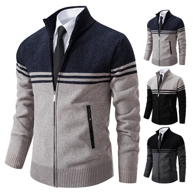 Männer Neue Winter Pullover Dicke Fleece Warme Pullover Casual Stehkragen Zipper Strickjacke Mode Gestreiften Mantel