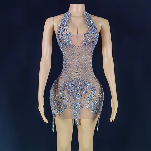 Durchschauen Frauen Cocktail Geburtstags kleider schiere sexy Luxus glänzende Strass Quaste Kleid schwarze Mädchen kurze Ballkleider