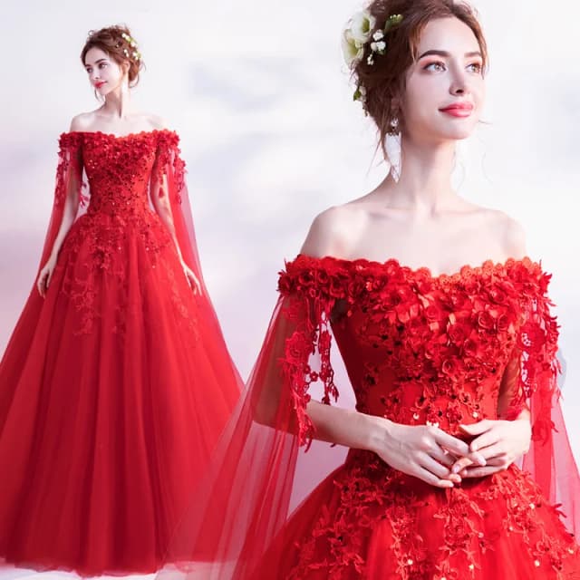 Langes Wickelkleid in Rot der Schulter für Damen und Mädchen, Party-Abendkleid, Performance-Kleid, Hochzeit, Sand, Brautjungfer, Gastkleid