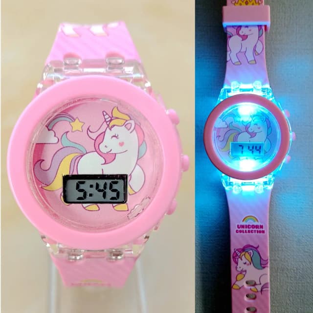 Cartoon-Einhorn-Kinderuhren für Kinder, Sammlung, digitaler elektronischer Blitz, leuchtendes Licht, bunte Mickey-Mouse-Mädchenuhr