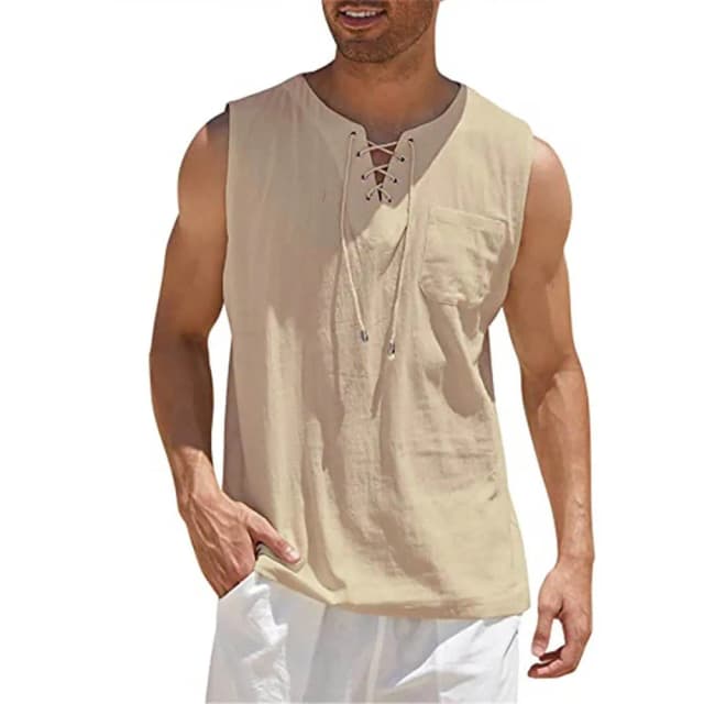 Herren Freizeit hemden ärmellose Weste Bandage Schnür bluse Retro V-Ausschnitt Mode lose Hemd männliche einfarbige Kleidung