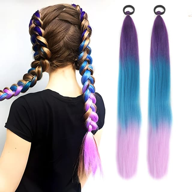LUPU Synthetische Pferdeschwanzverlängerung mit elastischem Bindeband, 66 cm lang, gerade, farbig, Flecht-Pferdeschwanz, Ombre, Rosa, Lila, Blau