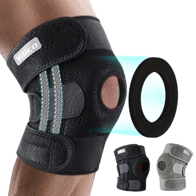 Kniebandage mit seitlichen Stabilisatoren, atmungsaktive, verstellbare Kniestütze, geeignet für Sporttraining und Knieschmerzen