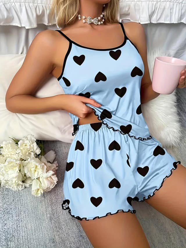 Neues Damen-Nachtwäscheset mit blauem herzförmigem, bedrucktem Hosenträger, lässige, elastische und bequeme Nachtwäsche für die ganze Saison