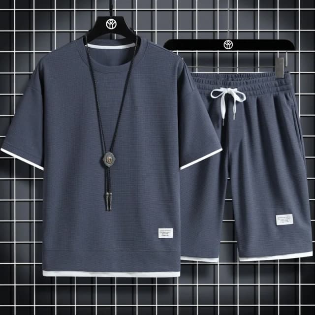 2023 sommer männer Sport Set Casual T-Shirt + Shorts Set Waffel Einfarbig Kurzhülse Shorts Zwei Sets trainingsanzug Lose Anzüge