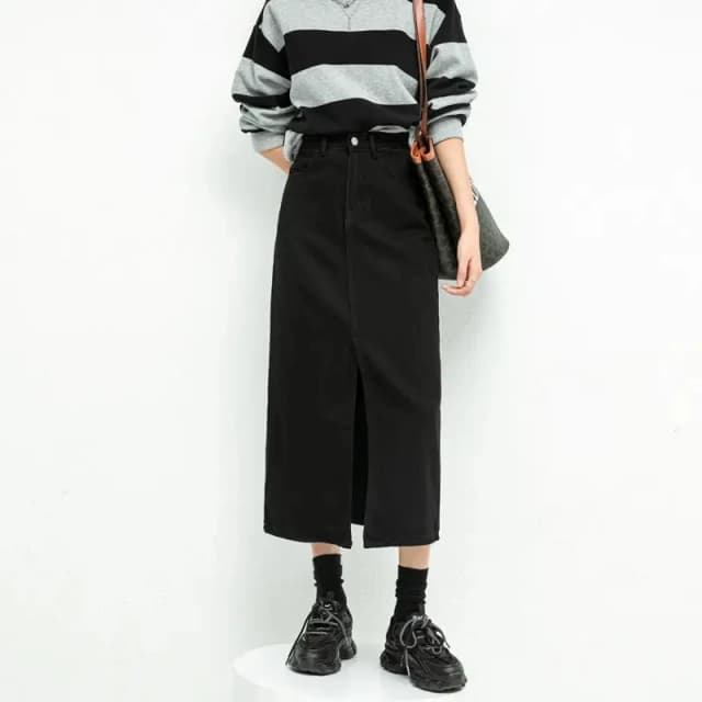Geteilter Jeans rock für Frauen hoch taillierter loser A-Linien rock koreanische elegante schwarze Röcke Frühlings mode mittellange Röcke