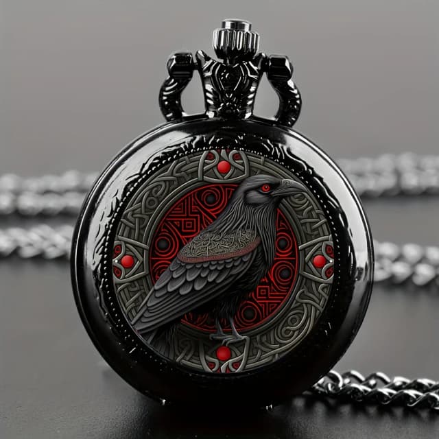 Schwarze Raben-Taschenuhr im Gothic-Design mit Halskette, Legierungsgehäuse und Band, Quarzwerk, nicht wasserdichte Uhr für Männer, Frauen, Kinder