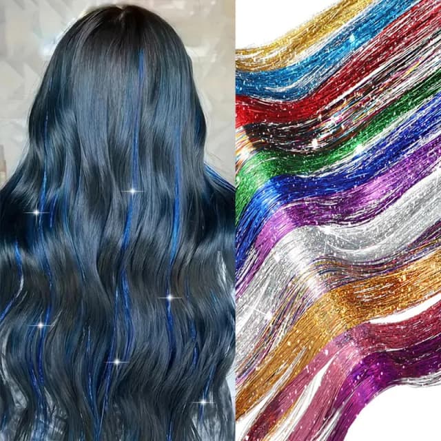 Synthetische funkelnde, glänzende Lametta-Haarverlängerungen, buntes holografisches Haar, Lametta, glitzerndes Feenhaar