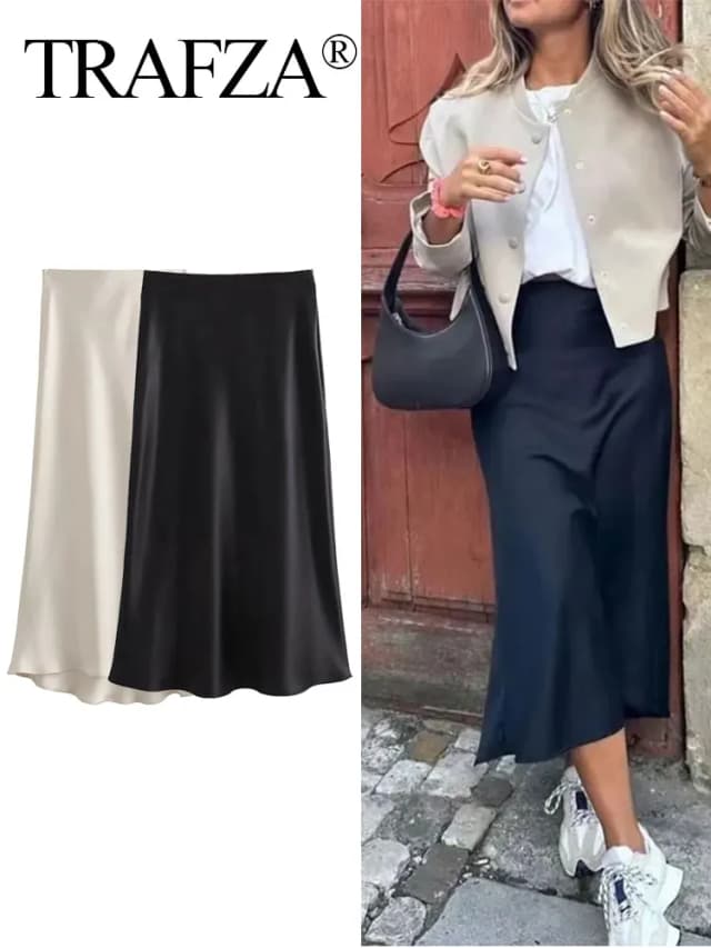 TRAFZA Frauen Elegante Solide Satin Langen Rock Chic Y2K Hohe Taille Schlank Röcke Weibliche Mode Seide Textur Damen Engen Midi Rock