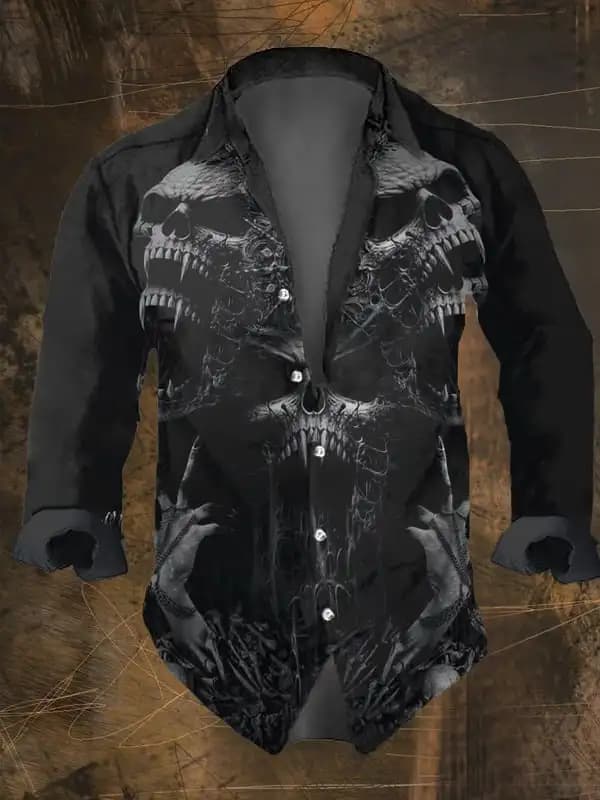 Modische Herren-Langarmhemden im Vintage-Stil mit dunklem Totenkopf-Aufdruck, Totenkopf-Druck, schwarze Oberteile, normale Passform, Reverskragen, Polyester, Streetwear