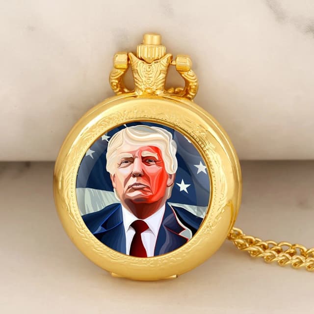 Luxuriöse goldfarbene Trump 2024 Wahl-Taschenuhr – Quarz, Präsident für Kampf, einzigartige Vintage-Halskette, Souvenir-Geschenk