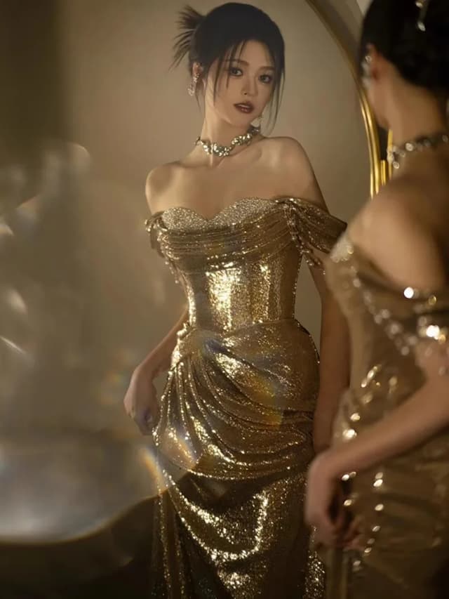 Lautaro Frühling Party Geburtstag Abendkleider Frau Off Schulter Rückenfrei Elegant Luxus Prom Bodenlangen Gold Pailletten Kleid