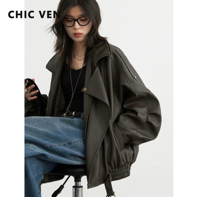 Schicke ven weibliche pu Jacke solide lose neue Retro Stehkragen Motorrad Kunstleder Mantel weibliche Top Frühling Herbst