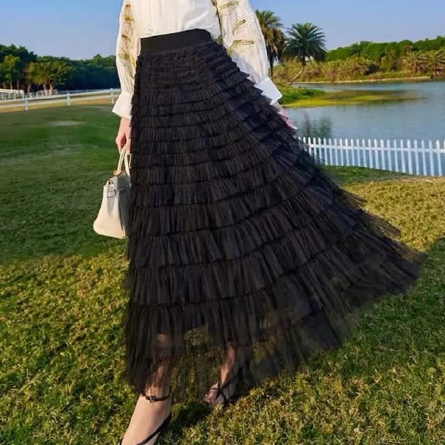 Mittellanger Tüllrock für Damen, trendiger, hochelastischer Taillenrock in A-Linie, flauschiger Feen-Mesh-Layered-Rüschenrock, Geschenke für Mädchen