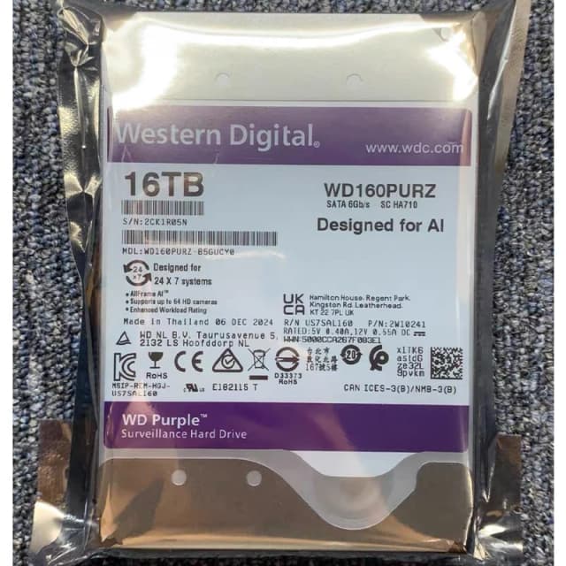 WD-16TB (WD160PURZ) Festplatte 3,5" SATA 7200RPM für Überwachungsfestplatte FÜR Ai