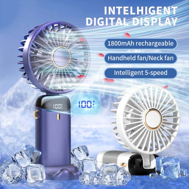 Tragbarer Mini-Handventilator, faltbar, zum Aufhängen am Hals, 5 Geschwindigkeiten, wiederaufladbarer USB-Ventilator mit Telefonständer und Bildschirm, 1800 mAh