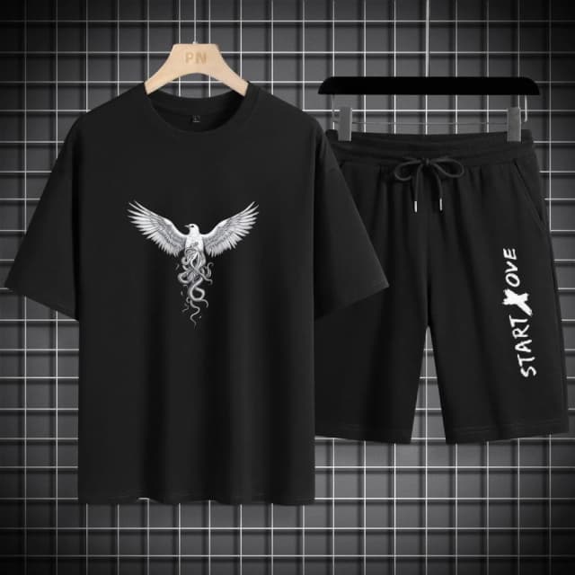 Herren-Sets 2025, Herren-Sport-Zweiteiler-Set, dünn, Freizeitkleidung, bequem, leicht, Freizeit, weißer Adler-Druck, Sport-T-Shirts-Set