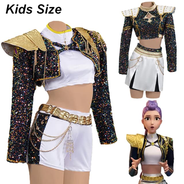 Fantasia Huntrix Rumi Cosplay Mädchen Goldene Kleidung Cartoon Dämonenjäger Disfraz Kostüm 6 bis 14 Jahre Fantasy Halloween Party