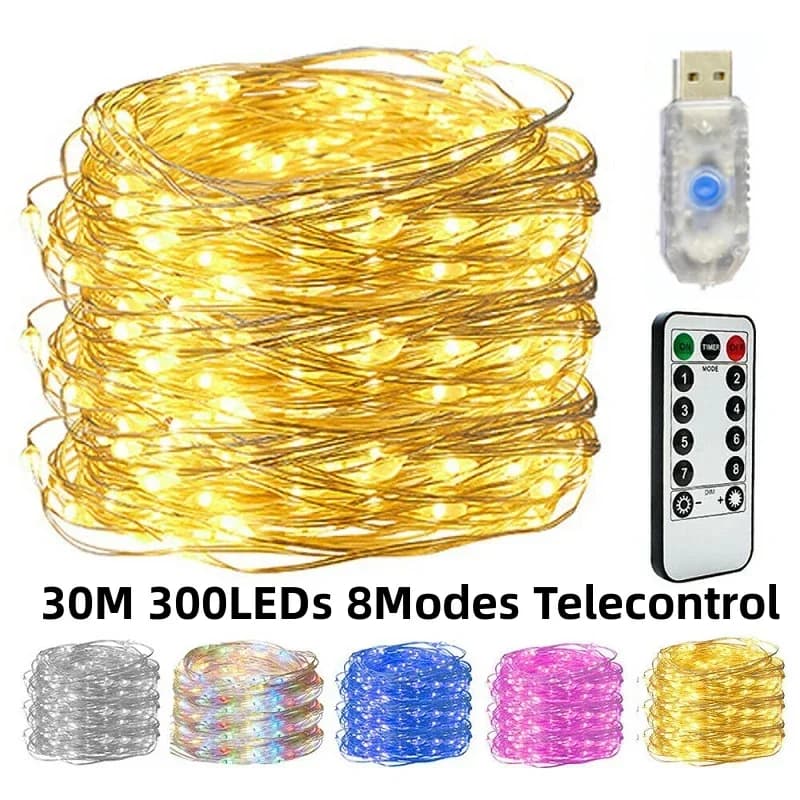USB-Fernbedienung, Kupferdraht, Niederspannungs-Lichterkette, 10 m/20 m/30 m, 300 LEDs, 8 Funktionen, Weihnachts-LED-Kupferdraht-Lichterkette