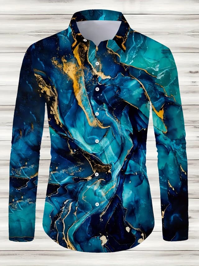 Lässiges Button-Down-Hemd für Herren mit geometrischem Muster – Polyester-Mischung, Reverskragen, langärmliges Hemd aus nicht dehnbarem Stoff