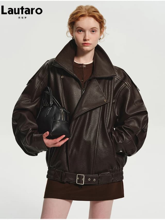 Lautaro Frühling Herbst Kühle Braun Übergroße Pu Leder Jacke Frauen Langarm Zip Up Luxus Designer Amerikanische Retro Kleidung