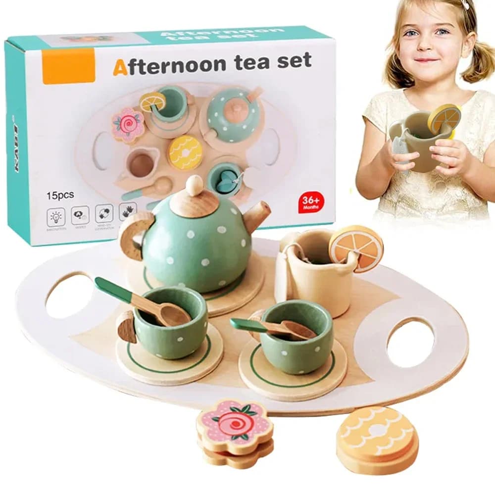 15-teiliges Teespielzeug aus Holz, Rollenspiel, Küchenzubehör, Lebensmittel-Spielset für Kinder, Rollenspiel für Kleinkinder, Mädchen und Jungen, Geschenke