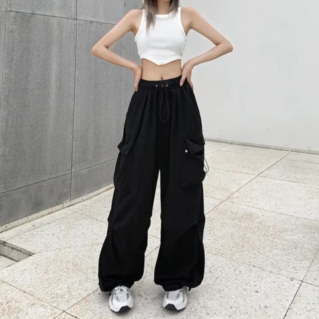 Back to School Damen New American Hip-Hop Wide-Leg Große Taschen Kordelzug Arbeitshose High Street Casual Sporthose