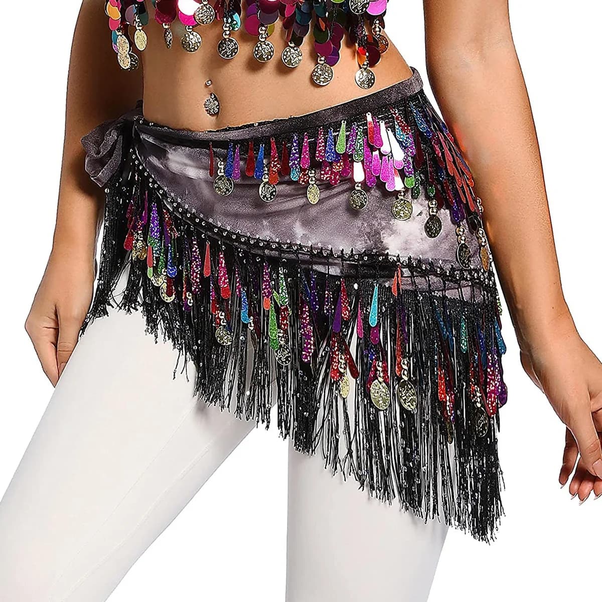 Frauen Bauchtanz Kleidung Zubehör Teardrop Pailletten Fransen Wrap Elastische Basis Tie-Dye Dreieck Gürtel Münzen Hüfte Schal