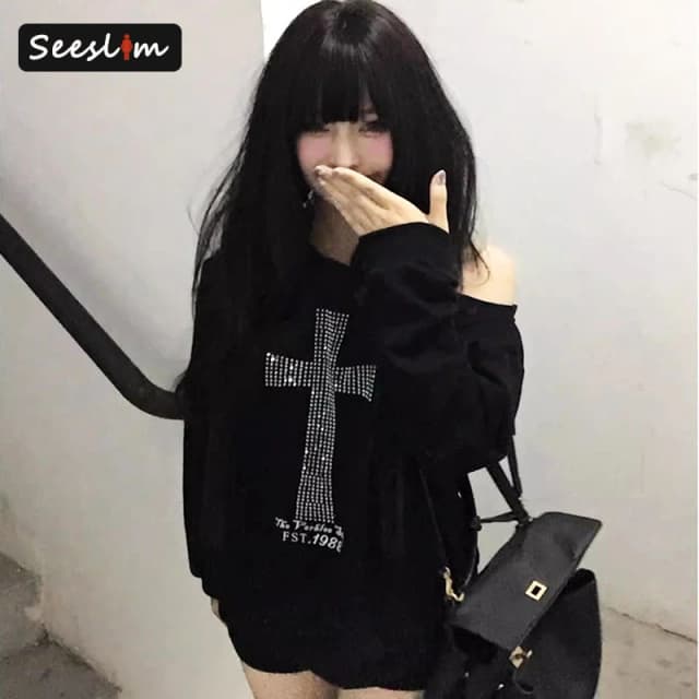 Seeslim Cross One-Shoulder Grafik Hoodies Langarm Schwarz Damen Sweatshirts Harajuku Grunge 2000er Jahre Kleidung Y2k Herbst Tops