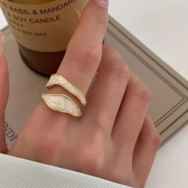 LATS Vintage-Ring aus weißem Emaille-Metall, unregelmäßige Form, geometrisch, offen, verstellbar, für Frauen und Mädchen, Modeschmuck, Geburtstagsgeschenke